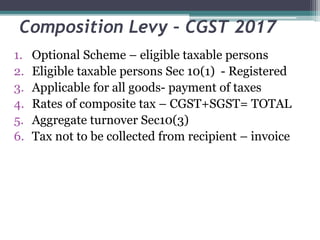 Composition Levy – CGST 2017
1. Optional Scheme – eligible taxable persons
2. Eligible taxable persons Sec 10(1) - Registered
3. Applicable for all goods- payment of taxes
4. Rates of composite tax – CGST+SGST= TOTAL
5. Aggregate turnover Sec10(3)
6. Tax not to be collected from recipient – invoice
 