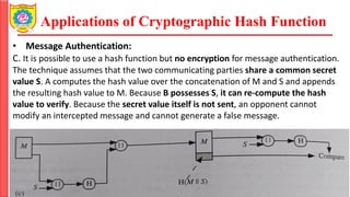 Applications of Cryptographic Hash Function
• Message Authentication:
C. It is possible to use a hash function but no encryption for message authentication.
The technique assumes that the two communicating parties share a common secret
value S. A computes the hash value over the concatenation of M and S and appends
the resulting hash value to M. Because B possesses S, it can re-compute the hash
value to verify. Because the secret value itself is not sent, an opponent cannot
modify an intercepted message and cannot generate a false message.
Cryptography & Cyber Security Mrs. Kanchan Patil Department of Information Technology
 