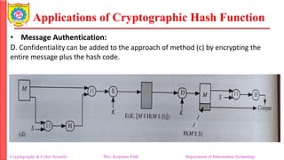 Applications of Cryptographic Hash Function
• Message Authentication:
D. Confidentiality can be added to the approach of method (c) by encrypting the
entire message plus the hash code.
Cryptography & Cyber Security Mrs. Kanchan Patil Department of Information Technology
 