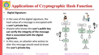 Applications of Cryptographic Hash Function
• Digital Signature:
• In the case of the digital signature, the
hash value of a message is encrypted with
a user's private key.
• Anyone who knows the user's public key
can verify the integrity of the message
that is associated with the digital
signature.
• In this case, an attacker who wishes to
alter the message would need to know
the user's private key.
Cryptography & Cyber Security Mrs. Kanchan Patil Department of Information Technology
 