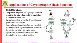 Applications of Cryptographic Hash Function
• Digital Signature:
• The private key used for signing is referred
to as the signature key and the public key
as the verification key.
• Signer feeds data to the hash function and
generates hash of data.
• Hash value and signature key are then fed
to the signature algorithm which produces
the digital signature on given hash.
• Signature is appended to the data and
then both are sent to the verifier.
Cryptography & Cyber Security Mrs. Kanchan Patil Department of Information Technology
 