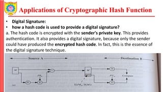 Applications of Cryptographic Hash Function
• Digital Signature:
• how a hash code is used to provide a digital signature?
a. The hash code is encrypted with the sender's private key. This provides
authentication. It also provides a digital signature, because only the sender
could have produced the encrypted hash code. In fact, this is the essence of
the digital signature technique.
Cryptography & Cyber Security Mrs. Kanchan Patil Department of Information Technology
 