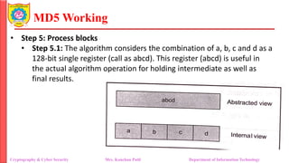 MD5 Working
• Step 5: Process blocks
• Step 5.1: The algorithm considers the combination of a, b, c and d as a
128-bit single register (call as abcd). This register (abcd) is useful in
the actual algorithm operation for holding intermediate as well as
final results.
Cryptography & Cyber Security Mrs. Kanchan Patil Department of Information Technology
 