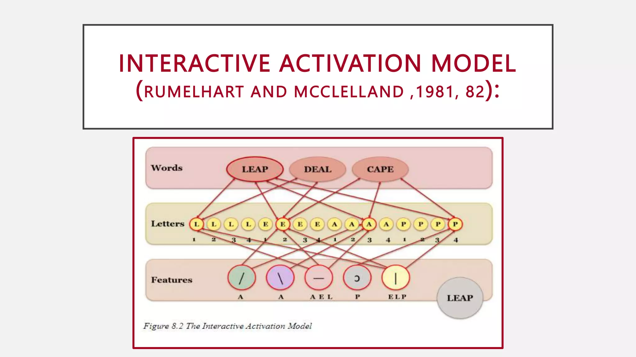 INTERACTIVE ACTIVATION MODEL
(RUMELHART AND MCCLELLAND ,1981, 82):
 