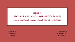 UNIT 3
MODELS OF LANGUAGE PROCESSING:
(Lichtheim’s Model, Logogen Model, Micro Genetic Model)
Submitted to Submitted by
DR. SATISH K. HIMANI BANSAL
MVSCOSH MASLP IInd year
 