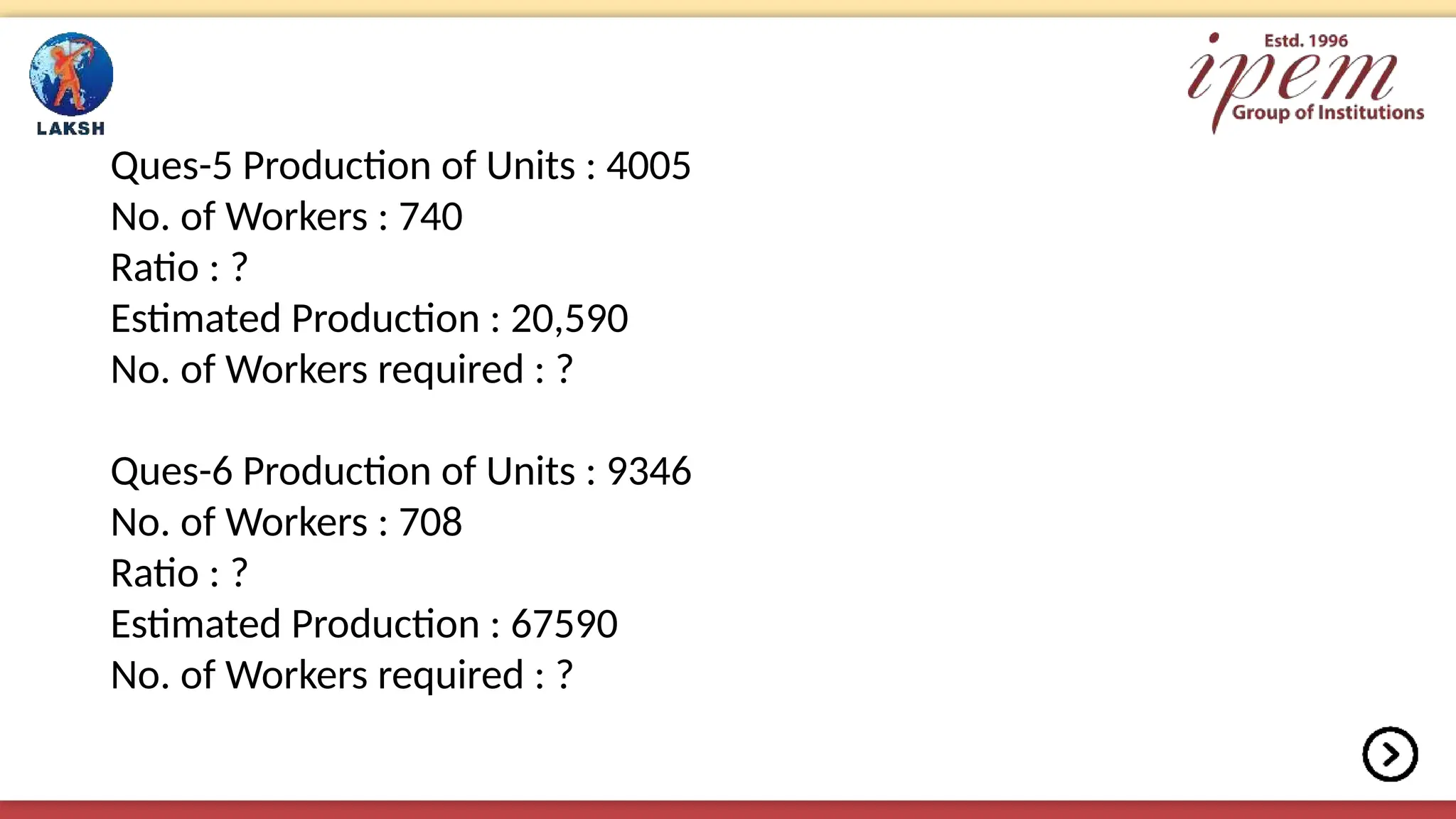 Ques-5 Production of Units : 4005
No. of Workers : 740
Ratio : ?
Estimated Production : 20,590
No. of Workers required : ?
Ques-6 Production of Units : 9346
No. of Workers : 708
Ratio : ?
Estimated Production : 67590
No. of Workers required : ?
 