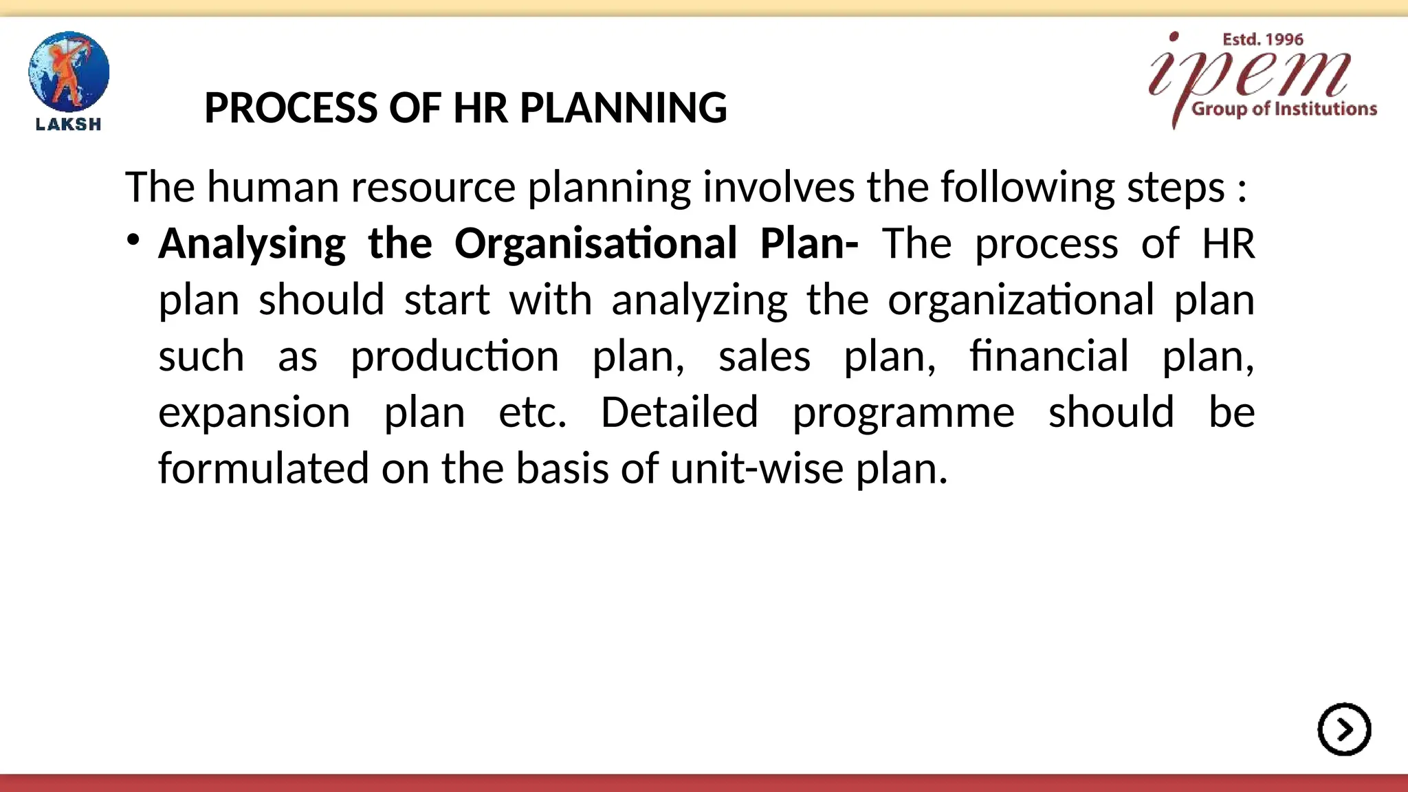 PROCESS OF HR PLANNING
The human resource planning involves the following steps :
• Analysing the Organisational Plan- The process of HR
plan should start with analyzing the organizational plan
such as production plan, sales plan, financial plan,
expansion plan etc. Detailed programme should be
formulated on the basis of unit-wise plan.
 