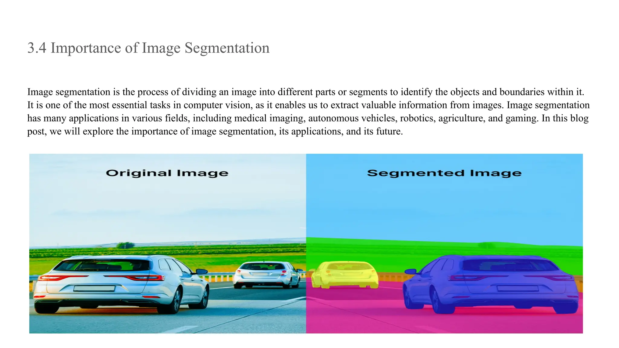 3.4 Importance of Image Segmentation
Image segmentation is the process of dividing an image into different parts or segments to identify the objects and boundaries within it.
It is one of the most essential tasks in computer vision, as it enables us to extract valuable information from images. Image segmentation
has many applications in various fields, including medical imaging, autonomous vehicles, robotics, agriculture, and gaming. In this blog
post, we will explore the importance of image segmentation, its applications, and its future.
 