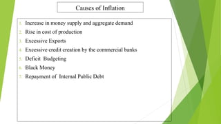 Causes of Inflation
1. Increase in money supply and aggregate demand
2. Rise in cost of production
3. Excessive Exports
4. Excessive credit creation by the commercial banks
5. Deficit Budgeting
6. Black Money
7. Repayment of Internal Public Debt
 