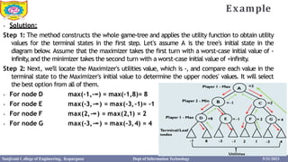 Example
2
9
⦁ Solution:
Step 1: The method constructs the whole game-tree and applies the utility function to obtain utility
values for the terminal states in the first step. Let's assume A is the tree's initial state in the
diagram below. Assume that the maximizer takes the first turn with a worst-case initial value of -
infinity
,and the minimizer takes the second turn with a worst-case initial value of +infinity.
Step 2: Next, we'll locate the Maximizer's utilities value, which is -, and compare each value in the
terminal state to the Maximizer's initial value to determine the upper nodes' values. It will select
the best option from all of them.
⦁ For node D
⦁ For node E
⦁ For node F
⦁ For node G
max(-1,-∞) = max(-1,8)= 8
max(-3,-∞) = max(-3,-1)= -1
max(2,-∞) = max(2,1) = 2
max(-3,-∞) = max(-3,4) = 4
Sanjivani College of Engineering, Kopargaon Dept of Information Technology 5/31/2023
 