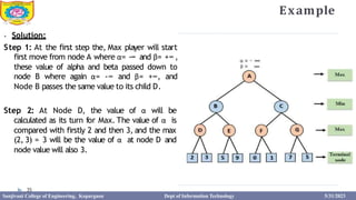 Example
35
⦁ Solution:
Step 1: At the first step the, Max player will start
first move from node A where α= -∞ and β= +∞ ,
these value of alpha and beta passed down to
node B where again α= -∞ and β= +∞, and
Node B passes the same value to its child D.
Step 2: At Node D, the value of α will be
calculated as its turn for Max. The value of α is
compared with firstly 2 and then 3, and the max
(2, 3) = 3 will be the value of α at node D and
node value will also 3.
Sanjivani College of Engineering, Kopargaon Dept of Information Technology 5/31/2023
 