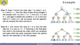 Example
Step 7: Node F returns the node value 1 to node C, at C
α= 3 and β= +∞, here the value of beta will be changed, it
will compare with 1 so min (∞,1) = 1.Now at C, α=3 and
β= 1, and again it satisfies the condition α>=β, so the next
child of C which is G will be pruned, and the algorithm
will not compute the entire sub-tree G.
Step 8: C now returns the value of 1 to A here the best
value for A is max (3, 1) = 3. Following is the final game
tree which is the showing the nodes which are computed
and nodes which has never computed. Hence the optimal
value for the maximizer is 3 for this example.
Dept of Information Technology 5/31/2023
 