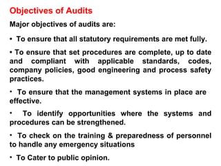 Objectives of Audits Major objectives of audits are: •  To ensure that all statutory requirements are met fully. •  To ensure that set procedures are complete, up to date and compliant with applicable standards, codes, company policies, good engineering and process safety practices. To ensure that the management systems in place are  effective. To identify opportunities where the systems and procedures can be strengthened.  To check on the training & preparedness of personnel to handle any emergency situations To Cater to public opinion.  