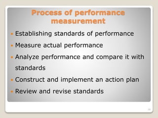 Process of performance
measurement
 Establishing standards of performance
 Measure actual performance
 Analyze performance and compare it with
standards
 Construct and implement an action plan
 Review and revise standards
26
 