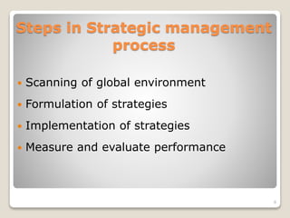 Steps in Strategic management
process
 Scanning of global environment
 Formulation of strategies
 Implementation of strategies
 Measure and evaluate performance
8
 
