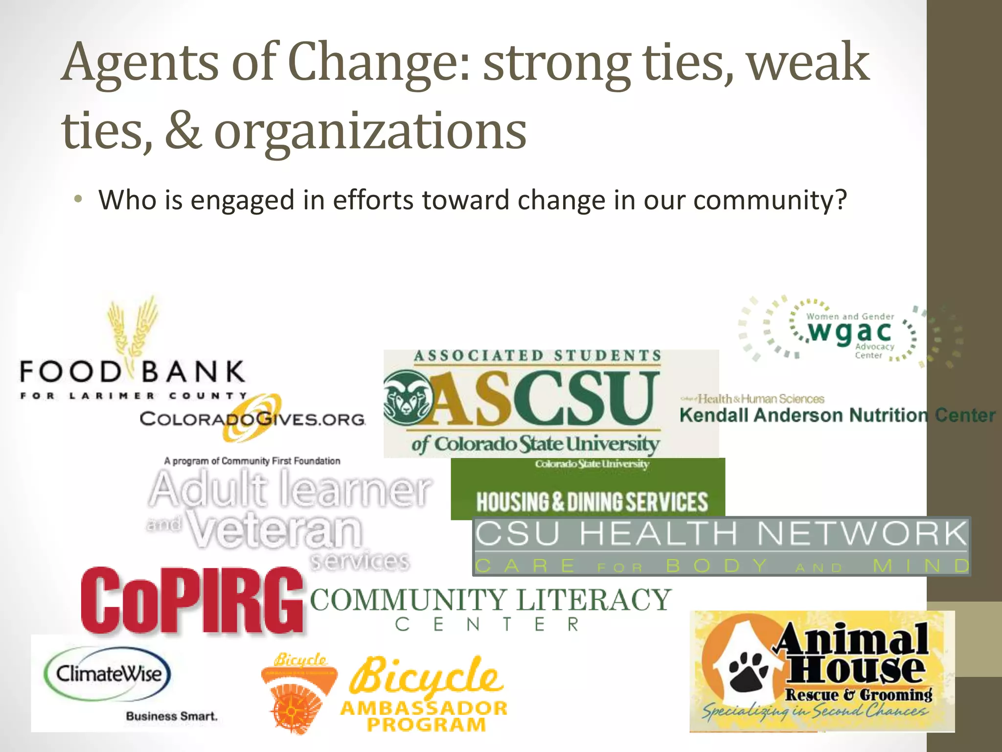 Agents of Change: strong ties, weak
ties, & organizations
• Who is engaged in efforts toward change in our community?
 