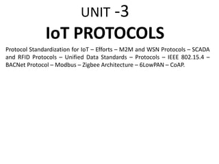 UNIT -3
IoT PROTOCOLS
Protocol Standardization for IoT – Efforts – M2M and WSN Protocols – SCADA
and RFID Protocols – Unified Data Standards – Protocols – IEEE 802.15.4 –
BACNet Protocol – Modbus – Zigbee Architecture – 6LowPAN – CoAP.
 