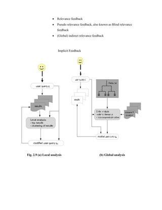  Relevance feedback
 Pseudo relevance feedback, also known as Blind relevance
feedback
 (Global) indirect relevance feedback
Implicit Feedback
Fig. 2.9 (a) Local analysis (b) Global analysis
 