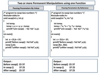 Two or more Permanent Manipulations using one Function
          Passing Parameters By Value                Passing Parameters By Reference

/* program to swap two numbers */         /* program to swap two numbers */
#include<stdio.h>                         #include<stdio.h>
void swap(int x, int y)                   void swap(int *x, int *y)
{                                         {
    int temp;                                 int temp;
    temp = x; x = y; y = temp;                temp = *x; *x = *y; *y = temp;
    printf(“nIn swap() : %d %d “,x,y);       printf(“nIn swap() : %d %d “,*x,*y);
}                                         }
int main()                                int main()
{                                         {
  int a = 25,b = 37;                        int a = 25,b = 37;
  printf(“Before swap() : %d %d”,a,b);      printf(“Before swap() : %d %d”,a,b);
  swap (a,b);                               swap (&a , &b);
  printf(“nAfter swap() : %d %d“,a,b);     printf(“nAfter swap() : %d %d“,a,b);
}                                         }




Output :                                    Output :
Before swap() 25 37                         Before swap() 25 37
In swap ()    37 25                         In swap ()    37 25
After swap() 25 37                          After swap() 37 25
 