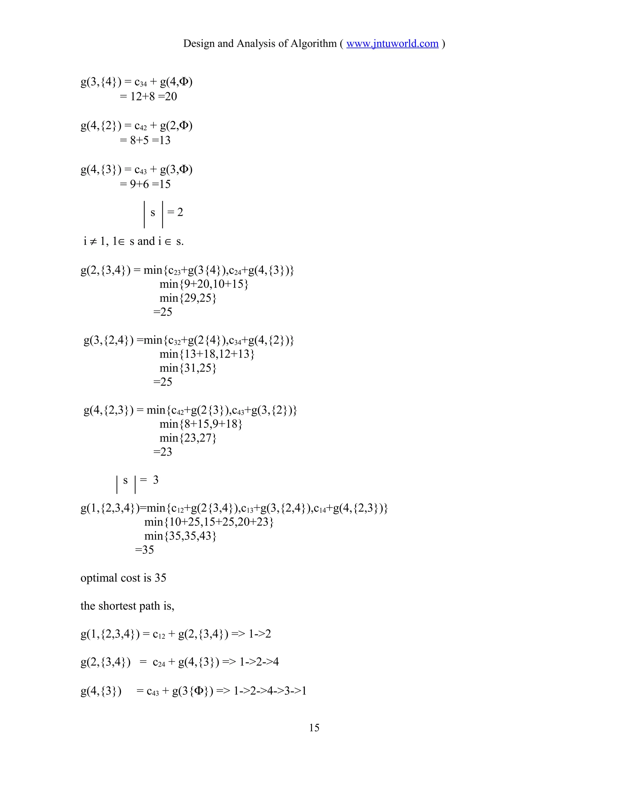 Design and Analysis of Algorithm ( www.jntuworld.com )
g(3,{4}) = c34 + g(4,Φ)
= 12+8 =20
g(4,{2}) = c42 + g(2,Φ)
= 8+5 =13
g(4,{3}) = c43 + g(3,Φ)
= 9+6 =15
s = 2
i ≠ 1, 1∈ s and i ∈ s.
g(2,{3,4}) = min{c23+g(3{4}),c24+g(4,{3})}
min{9+20,10+15}
min{29,25}
=25
g(3,{2,4}) =min{c32+g(2{4}),c34+g(4,{2})}
min{13+18,12+13}
min{31,25}
=25
g(4,{2,3}) = min{c42+g(2{3}),c43+g(3,{2})}
min{8+15,9+18}
min{23,27}
=23
s = 3
g(1,{2,3,4})=min{c12+g(2{3,4}),c13+g(3,{2,4}),c14+g(4,{2,3})}
min{10+25,15+25,20+23}
min{35,35,43}
=35
optimal cost is 35
the shortest path is,
g(1,{2,3,4}) = c12 + g(2,{3,4}) => 1->2
g(2,{3,4}) = c24 + g(4,{3}) => 1->2->4
g(4,{3}) = c43 + g(3{Φ}) => 1->2->4->3->1
15
 