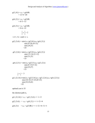 Design and Analysis of Algorithm ( www.jntuworld.com )
g(3,{4}) = c34 + g(4,Φ)
= 12+8 =20
g(4,{2}) = c42 + g(2,Φ)
= 8+5 =13
g(4,{3}) = c43 + g(3,Φ)
= 9+6 =15
s = 2
i ≠ 1, 1∈ s and i ∈ s.
g(2,{3,4}) = min{c23+g(3{4}),c24+g(4,{3})}
min{9+20,10+15}
min{29,25}
=25
g(3,{2,4}) =min{c32+g(2{4}),c34+g(4,{2})}
min{13+18,12+13}
min{31,25}
=25
g(4,{2,3}) = min{c42+g(2{3}),c43+g(3,{2})}
min{8+15,9+18}
min{23,27}
=23
s = 3
g(1,{2,3,4})=min{c12+g(2{3,4}),c13+g(3,{2,4}),c14+g(4,{2,3})}
min{10+25,15+25,20+23}
min{35,35,43}
=35
optimal cost is 35
the shortest path is,
g(1,{2,3,4}) = c12 + g(2,{3,4}) => 1->2
g(2,{3,4}) = c24 + g(4,{3}) => 1->2->4
g(4,{3}) = c43 + g(3{Φ}) => 1->2->4->3->1
15
 