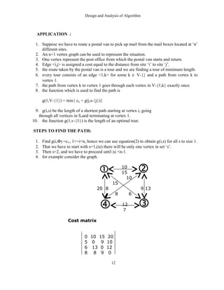 Design and Analysis of Algorithm
APPLICATION :
1. Suppose we have to route a postal van to pick up mail from the mail boxes located at ‘n’
different sites.
2. An n+1 vertex graph can be used to represent the situation.
3. One vertex represent the post office from which the postal van starts and return.
4. Edge <i,j> is assigned a cost equal to the distance from site ‘i’ to site ‘j’.
5. the route taken by the postal van is a tour and we are finding a tour of minimum length.
6. every tour consists of an edge <1,k> for some k ∈ V-{} and a path from vertex k to
vertex 1.
7. the path from vertex k to vertex 1 goes through each vertex in V-{1,k} exactly once.
8. the function which is used to find the path is
g(1,V-{1}) = min{ cij + g(j,s-{j})}
9. g(i,s) be the length of a shortest path starting at vertex i, going
through all vertices in S,and terminating at vertex 1.
10. the function g(1,v-{1}) is the length of an optimal tour.
STEPS TO FIND THE PATH:
1. Find g(i,Φ) =ci1, 1<=i<n, hence we can use equation(2) to obtain g(i,s) for all s to size 1.
2. That we have to start with s=1,(ie) there will be only one vertex in set ‘s’.
3. Then s=2, and we have to proceed until |s| <n-1.
4. for example consider the graph.
10
15
10
15
20 8 9 13
8 6
12
7
Cost matrix
0 10 15 20
5 0 9 10
6 13 0 12
8 8 9 0
12
 