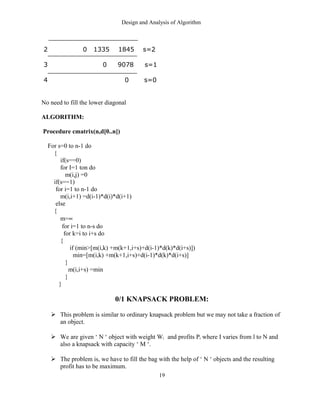 Design and Analysis of Algorithm
2 0 1335 1845 s=2
3 0 9078 s=1
4 0 s=0
No need to fill the lower diagonal
ALGORITHM:
Procedure cmatrix(n,d[0..n])
For s=0 to n-1 do
{
if(s==0)
for I=1 ton do
m(i,j) =0
if(s==1)
for i=1 to n-1 do
m(i,i+1) =d(i-1)*d(i)*d(i+1)
else
{
m=∝
for i=1 to n-s do
for k=i to i+s do
{
if (min>[m(i,k) +m(k+1,i+s)+d(i-1)*d(k)*d(i+s)])
min=[m(i,k) +m(k+1,i+s)+d(i-1)*d(k)*d(i+s)]
}
m(i,i+s) =min
}
}
0/1 KNAPSACK PROBLEM:
 This problem is similar to ordinary knapsack problem but we may not take a fraction of
an object.
 We are given ‘ N ‘ object with weight Wi and profits Pi where I varies from l to N and
also a knapsack with capacity ‘ M ‘.
 The problem is, we have to fill the bag with the help of ‘ N ‘ objects and the resulting
profit has to be maximum.
19
 