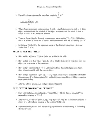 Design and Analysis of Algorithm
n
 Formally, the problem can be started as, maximize ∑ Xi Pi
i=l
n
subject to ∑ Xi Wi L M
i=l
 Where Xi are constraints on the solution Xi ∈{0,1}. (u) Xi is required to be 0 or 1. if the
object is selected then the unit in 1. if the object is rejected than the unit is 0. That is
why it is called as 0/1, knapsack problem.
 To solve the problem by dynamic programming we up a table T[1…N, 0…M] (ic) the
size is N. where ‘N’ is the no. of objects and column starts with ‘O’ to capacity (ic) ‘M’.
 In the table T[i,j] will be the maximum valve of the objects i varies from 1 to n and j
varies from O to M.
RULES TO FILL THE TABLE:-
 If i=l and j < w(i) then T(i,j) =o, (ic) o pre is filled in the table.
 If i=l and j ≥ w (i) then T (i,j) = p(i), the cell is filled with the profit p[i], since only one
object can be selected to the maximum.
 If i>l and j < w(i) then T(i,l) = T (i-l,j) the cell is filled the profit of previous object
since it is not possible with the current object.
 If i>l and j ≥ w(i) then T (i,j) = {f(i) +T(i-l,j-w(i)),. since only ‘l’ unit can be selected to
the maximum. If is the current profit + profit of the previous object to fill the remaining
capacity of the bag.
 After the table is generated, it will give details the profit.
ES TO GET THE COMBINATION OF OBJECT:
 Start with the last position of i and j, T[i,j], if T[i,j] = T[i-l,j] then no object of ‘i’ is
required so move up to T[i-l,j].
 After moved, we have to check if, T[i,j]=T[i-l,j-w(i)]+ p[I], if it is equal then one unit of
object ‘i’ is selected and move up to the position T[i-l,j-w(i)]
 Repeat the same process until we reach T[i,o], then there will be nothing to fill the bag
stop the process.
20
 