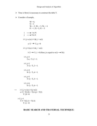 Design and Analysis of Algorithm
 Time is 0(nw) is necessary to construct the table T.
 Consider a Example,
M = 6,
N = 3
W1 = 2, W2 = 3, W3 = 4
P1 = 1, P2 =2, P3 = 5
i 1 to N
j 0 to 6
i=l, j=o (ic) i=l & j < w(i)
o<2 T1,o =0
i=l, j=l (ic) i=l & j < w(i)
l<2 T1,1 =0 (Here j is equal to w(i) P(i)
i=l, j=2
2 o,= T1,2 = l.
i=l, j=3
3>2,= T1,3 = l.
i=l, j=4
4>2,= T1,4 = l.
i=l, j=5
5>2,= T1,5 = l.
i=l, j=6
6>2,= T1,6 = l.
=> i=2, j=o (ic) i>l,j<w(i)
o<3= T(2,0) = T(i-l,j) = T(2)
T 2,0 =0
i=2, j=1
l<3= T(2,1) = T(i-l)
T 2,1 =0
BASIC SEARCH AND TRAVERSAL TECHNIQUE:
21
 