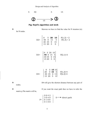 Design and Analysis of Algorithm
5 50 5 15
15
Fig: floyd’s algorithm and work
 likewise we have to find the value for N iteration (ie)
for N nodes.
0 5 20 10 P[1,3] = 2
D2= 50 0 15 5 P[1,4] = 2
30 35 0 15
15 20 5 0
0 5 20 10
D3= 45 0 15 5 P[2,1]=3
30 35 0 15
15 20 5 0
0 5 15 10
20 0 10 5 P[1,3]=4
D4= 30 35 0 15 P[2,3]=4
15 20 5 0
 D4 will give the shortest distance between any pair of
nodes.
 If you want the exact path then we have to refer the
matrix p.The matrix will be,
0 0 4 2
3 0 4 0 0 direct path
P= 0 1 0 0
0 1 0 0
4
 