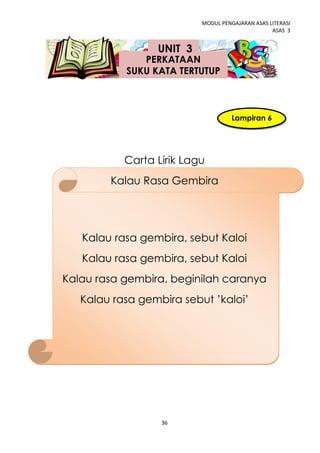 MODUL PENGAJARAN ASAS LITERASI
                                                 ASAS 3


                 UNIT 3
              PERKATAAN
           SUKU KATA TERTUTUP



                                    Lampiran 6




           Carta Lirik Lagu
        Kalau Rasa Gembira




   Kalau rasa gembira, sebut Kaloi
   Kalau rasa gembira, sebut Kaloi
Kalau rasa gembira, beginilah caranya
   Kalau rasa gembira sebut ’kaloi’




                  36
 