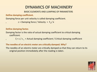 DYNAMICS OF MACHINERY
BASIC ELEMENTS AND LUMPING OF PARAMETERS
Define damping coefficient.
Damping force per unit velocity is called damping coefficient.
, c = Damping force / Velocity = Fd / ẋ
Define damping factor.
Damping factor is the ratio of actual damping coefficient to critical damping
coefficient.
, ξ = c / c c = Actual damping coefficient / Critical damping coefficient
The needles of an electric meter are critically damped. Why?
The needles of an electric meter are critically damped so that they can return to its
original position immediately after the reading is taken.
 