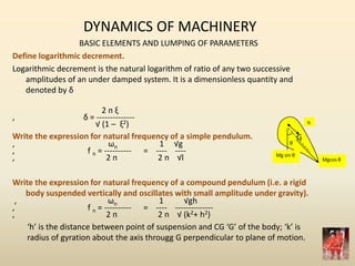 DYNAMICS OF MACHINERY
BASIC ELEMENTS AND LUMPING OF PARAMETERS
Define logarithmic decrement.
Logarithmic decrement is the natural logarithm of ratio of any two successive
amplitudes of an under damped system. It is a dimensionless quantity and
denoted by δ
2 п ξ
, δ = --------------
√ (1 – ξ2)
Write the expression for natural frequency of a simple pendulum.
, ωn 1 √g
, f n = ---------- = ---- ----
, 2 п 2 п √l
Write the expression for natural frequency of a compound pendulum (i.e. a rigid
body suspended vertically and oscillates with small amplitude under gravity).
, ωn 1 √gh
, f n = ---------- = ---- --------------
, 2 п 2 п √ (k2+ h2)
‘h’ is the distance between point of suspension and CG ‘G’ of the body; ‘k’ is
radius of gyration about the axis througg G perpendicular to plane of motion.
Mg sin θ
θ
h
Mgcos θ
G
 