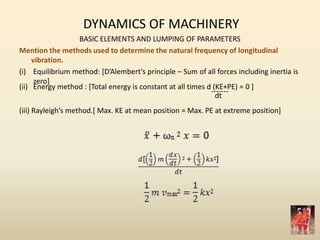 DYNAMICS OF MACHINERY
BASIC ELEMENTS AND LUMPING OF PARAMETERS
Mention the methods used to determine the natural frequency of longitudinal
vibration.
(i) Equilibrium method: [D’Alembert’s principle – Sum of all forces including inertia is
zero]
(ii) Energy method : [Total energy is constant at all times d (KE+PE) = 0 ]
-------
dt
(iii) Rayleigh’s method.* Max. KE at mean position = Max. PE at extreme position+
 