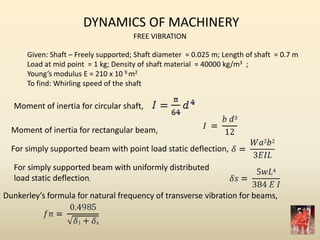 DYNAMICS OF MACHINERY
FREE VIBRATION
Given: Shaft – Freely supported; Shaft diameter = 0.025 m; Length of shaft = 0.7 m
Load at mid point = 1 kg; Density of shaft material = 40000 kg/m3 ;
Young’s modulus E = 210 x 10 9 m2
To find: Whirling speed of the shaft
Moment of inertia for circular shaft,
Moment of inertia for rectangular beam,
For simply supported beam with point load static deflection,
For simply supported beam with uniformly distributed
load static deflection,
Dunkerley’s formula for natural frequency of transverse vibration for beams,
 