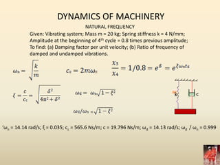 DYNAMICS OF MACHINERY
NATURAL FREQUENCY
Given: Vibrating system; Mass m = 20 kg; Spring stiffness k = 4 N/mm;
Amplitude at the beginning of 4th cycle = 0.8 times previous amplitude;
To find: (a) Damping factor per unit velocity; (b) Ratio of frequency of
damped and undamped vibrations.
k c
‘ωn = 14.14 rad/s; ξ = 0.035; cc = 565.6 Ns/m; c = 19.796 Ns/m; ωd = 14.13 rad/s; ωd / ωn = 0.999
 