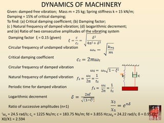 DYNAMICS OF MACHINERY
Given: damped free vibration; Mass m = 25 kg; Spring stiffness k = 15 kN/m;
Damping = 15% of critical damping;
To find: (a) Critical damping coefficient; (b) Damping factor;
(c ) Natural frequency of damped vibration; (d) laogarithmic decrement;
and (e) Ratio of two consecutive amplitudes of the vibrating system
k c
Damping factor ξ = 0.15 (given)
Circular frequency of undamped vibration
Critical damping coefficient
Circular frequency of damped vibration
Natural frequency of damped vibration
Periodic time for damped vibration
Logarithmic decrement
Ratio of successive amplitudes (n=1)
‘ωn = 24.5 rad/s; cc = 1225 Ns/m; c = 183.75 Ns/m; fd = 3.855 Hz;ωd = 24.22 rad/s; δ = 0.9532;
X0/X1 = 2.594
 