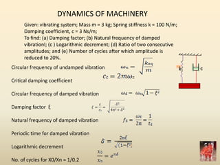 DYNAMICS OF MACHINERY
Given: vibrating system; Mass m = 3 kg; Spring stiffness k = 100 N/m;
Damping coefficient, c = 3 Ns/m;
To find: (a) Damping factor; (b) Natural frequency of damped
vibrationl; (c ) Logarithmic decrement; (d) Ratio of two consecutive
amplitudes; and (e) Number of cycles after which amplitude is
reduced to 20%.
k cCircular frequency of undamped vibration
Critical damping coefficient
Circular frequency of damped vibration
Damping factor ξ
Natural frequency of damped vibration
Periodic time for damped vibration
Logarithmic decrement
No. of cycles for X0/Xn = 1/0.2
 