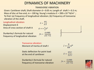 DYNAMICS OF MACHINERY
TRANSVERSE VIBRATION
Given: Cantilever shaft; Shaft diameter d = 0.05 m; Length of shaft l = 0.3 m;
Mass of disc at free end, m = 100 kg; Young’s modulus E = 200 x 10 9 N/m2 ;
To find: (a) Frequency of longitudinal vibration; (b) Frequency of transverse
vibration of the shaft.
Transverse vibration:
Moment of Inertia of shaft I
Static deflection for point load
at the end of cantilever
Dunkerley’s formula for natural
frequency of transverse vibration
Longitudinal vibration:
Displacement δ
Area of cross section of shaft A
Dunkerley’s formula for natural
frequency of longitudinal vibration
 