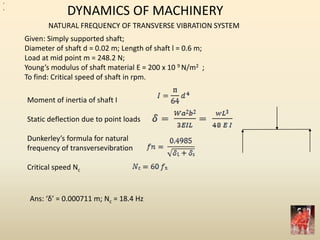 DYNAMICS OF MACHINERY
NATURAL FREQUENCY OF TRANSVERSE VIBRATION SYSTEM
Given: Simply supported shaft;
Diameter of shaft d = 0.02 m; Length of shaft l = 0.6 m;
Load at mid point m = 248.2 N;
Young’s modulus of shaft material E = 200 x 10 9 N/m2 ;
To find: Critical speed of shaft in rpm.
Moment of inertia of shaft I
Static deflection due to point loads
Dunkerley’s formula for natural
frequency of transversevibration
Critical speed Nc
,
Ans: ‘δ’ = 0.000711 m; Nc = 18.4 Hz
,
 