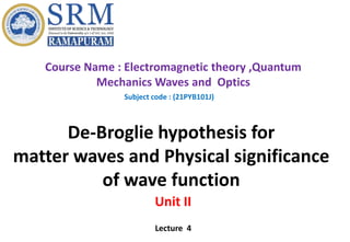 Course Name : Electromagnetic theory ,Quantum
Mechanics Waves and Optics
Subject code : (21PYB101J)
Unit II
Lecture 4
De-Broglie hypothesis for
matter waves and Physical significance
of wave function
 