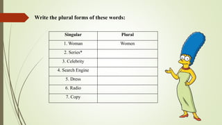 Write the plural forms of these words:
Singular Plural
1. Woman Women
2. Series*
3. Celebrity
4. Search Engine
5. Dress
6. Radio
7. Copy
 