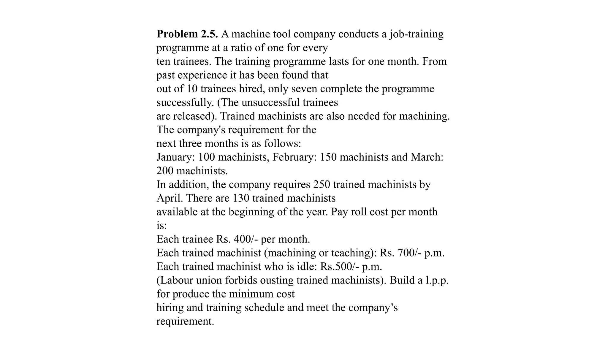 Problem 2.5. A machine tool company conducts a job-training
programme at a ratio of one for every
ten trainees. The training programme lasts for one month. From
past experience it has been found that
out of 10 trainees hired, only seven complete the programme
successfully. (The unsuccessful trainees
are released). Trained machinists are also needed for machining.
The company's requirement for the
next three months is as follows:
January: 100 machinists, February: 150 machinists and March:
200 machinists.
In addition, the company requires 250 trained machinists by
April. There are 130 trained machinists
available at the beginning of the year. Pay roll cost per month
is:
Each trainee Rs. 400/- per month.
Each trained machinist (machining or teaching): Rs. 700/- p.m.
Each trained machinist who is idle: Rs.500/- p.m.
(Labour union forbids ousting trained machinists). Build a l.p.p.
for produce the minimum cost
hiring and training schedule and meet the company’s
requirement.
 