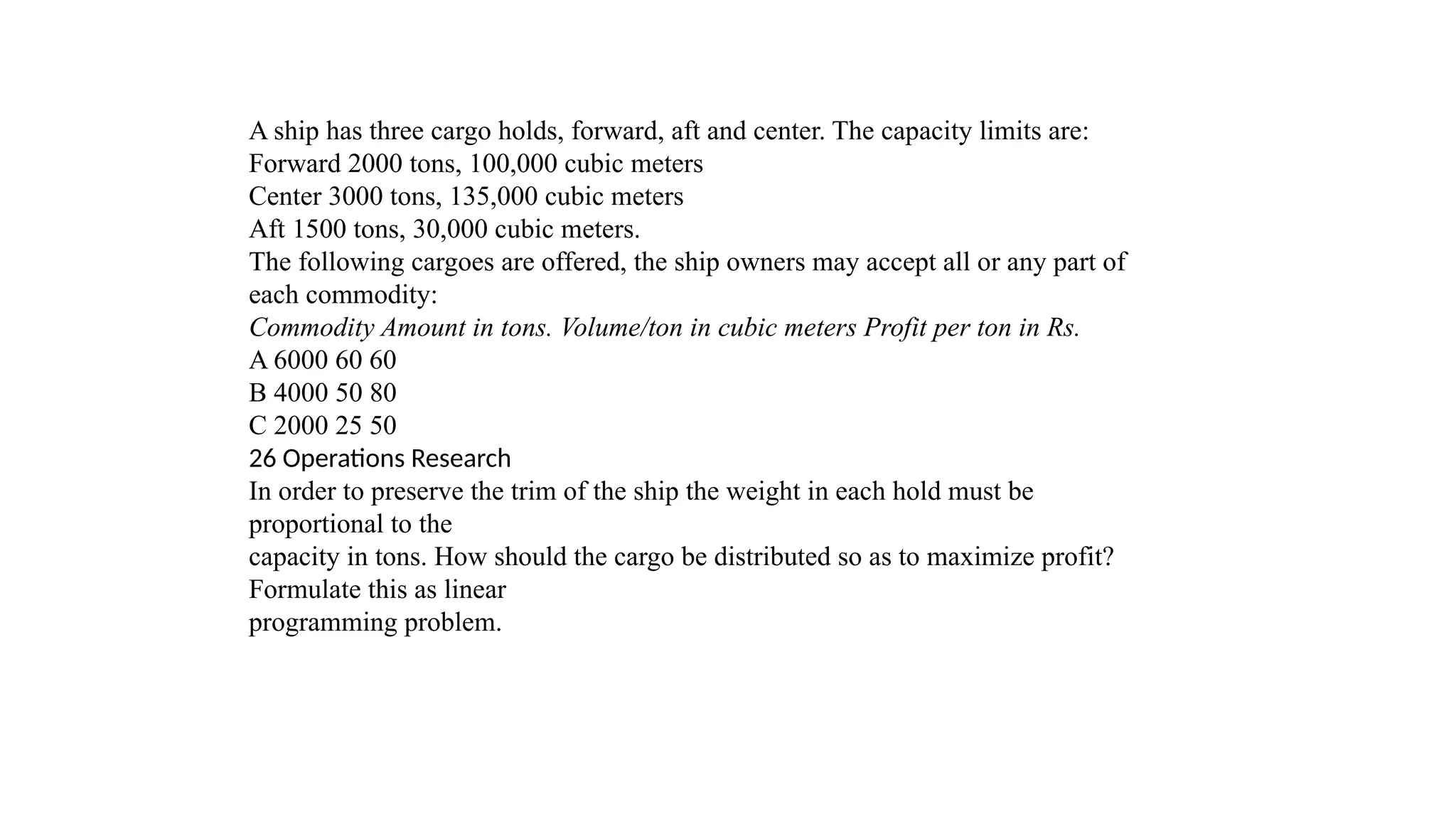 A ship has three cargo holds, forward, aft and center. The capacity limits are:
Forward 2000 tons, 100,000 cubic meters
Center 3000 tons, 135,000 cubic meters
Aft 1500 tons, 30,000 cubic meters.
The following cargoes are offered, the ship owners may accept all or any part of
each commodity:
Commodity Amount in tons. Volume/ton in cubic meters Profit per ton in Rs.
A 6000 60 60
B 4000 50 80
C 2000 25 50
26 Operations Research
In order to preserve the trim of the ship the weight in each hold must be
proportional to the
capacity in tons. How should the cargo be distributed so as to maximize profit?
Formulate this as linear
programming problem.
 