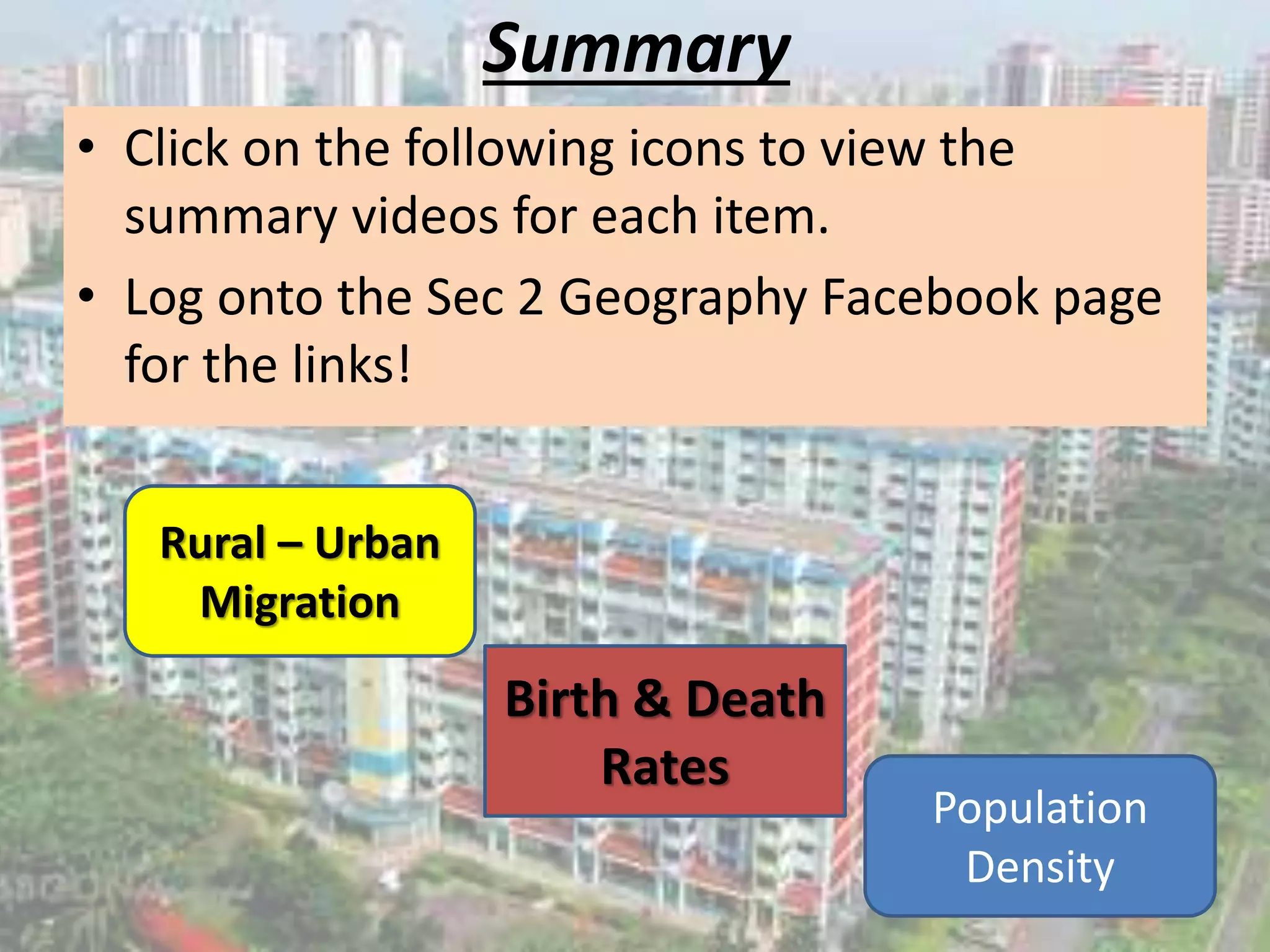 Summary
• Click on the following icons to view the
summary videos for each item.
• Log onto the Sec 2 Geography Facebook page
for the links!
Population
Density
Rural – Urban
Migration
Birth & Death
Rates
 