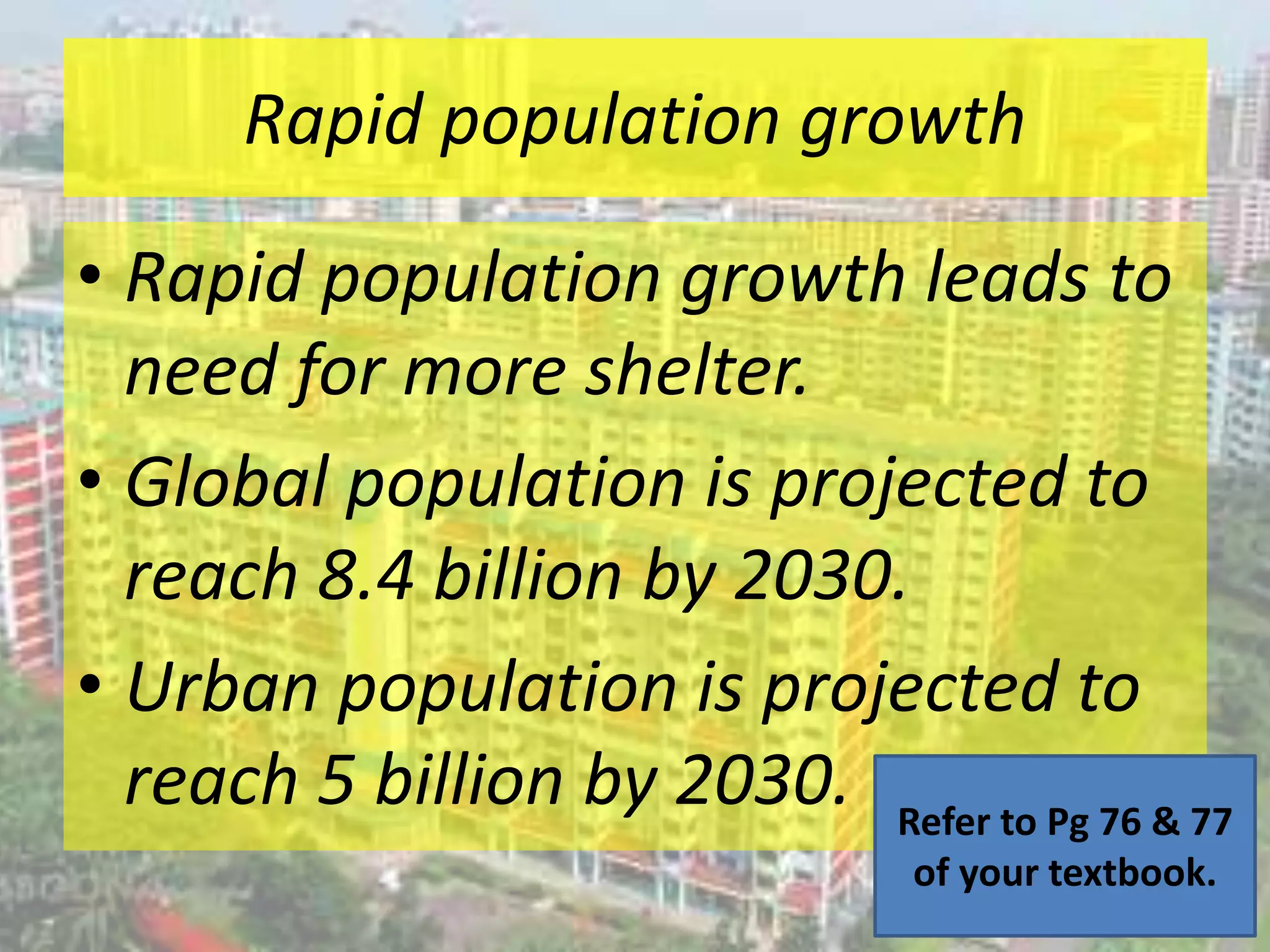 Rapid population growth
• Rapid population growth leads to
need for more shelter.
• Global population is projected to
reach 8.4 billion by 2030.
• Urban population is projected to
reach 5 billion by 2030. Refer to Pg 76 & 77
of your textbook.
 