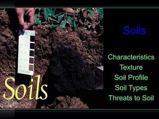 Soils

Characteristics
   Texture
 Soil Profile
  Soil Types
Threats to Soil
 