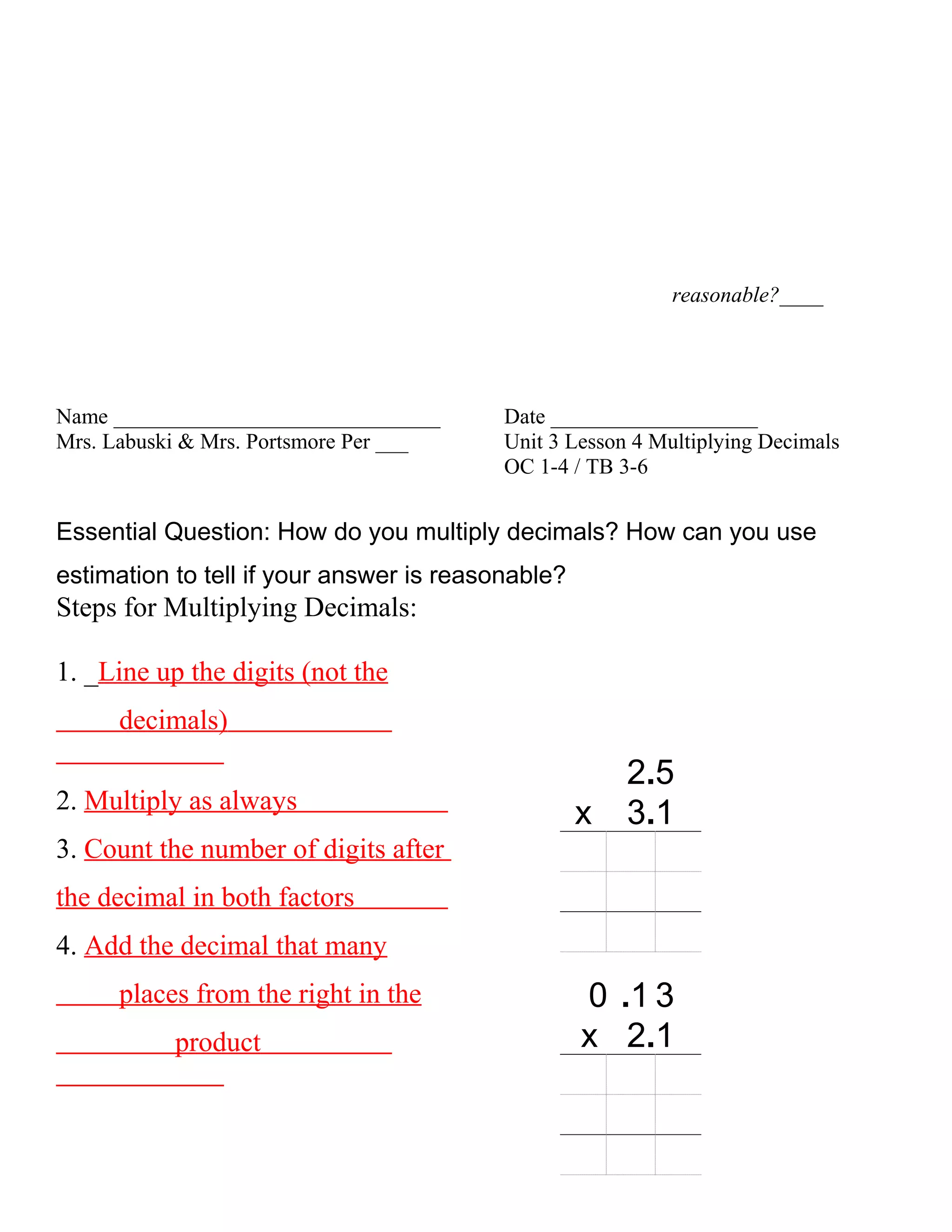 Unit 3 lesson 4 multiplying decimals | PDF