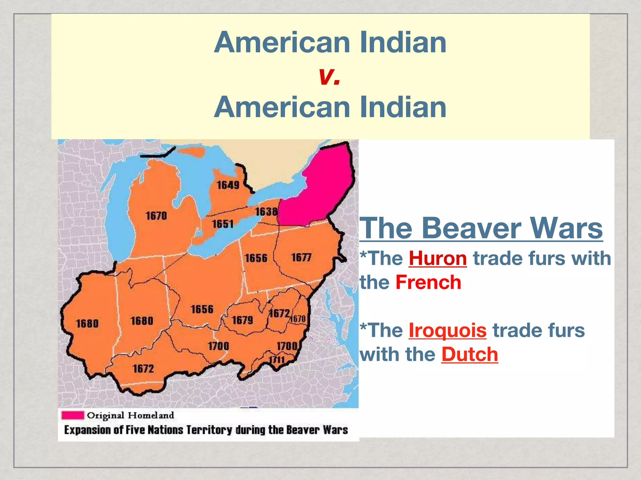 American Indian
v.
American Indian
The Beaver Wars
*The Huron trade furs with
the French
*The Iroquois trade furs
with the Dutch
 
