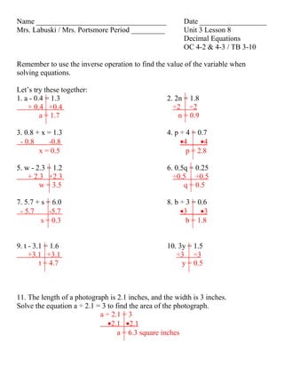Unit 3 lesson 8 decimal equations | DOC